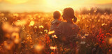 Fototapeta Tulipany - A mother and her child, both wearing light colored , stand in the middle of an open field filled with daisies under the golden sunset glow