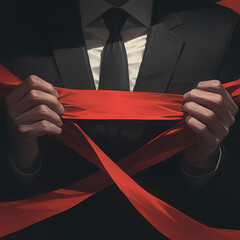 Successful Executive Embracing New Beginnings - Symbolized by Striking Red Ribbon