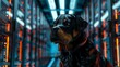 Smart Black Rottweiler sitting in Digital Network room  to secure your MVP data.