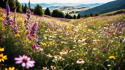 A vibrant field of wildflowers stretching to the horizon, alive with the buzz of bees and the flutter of butterflies