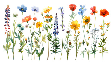 Wall Mural - An isolated collection of grunge oil painted wildflowers on a white background, perfect for decoration or artistic purposes.