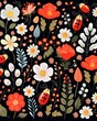 Ladybugs and spring blooms, seamless pattern, flat vector, solid bg ,  repeating pattern