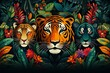 Jungle animals cavort, endless design, flat graphic, simple lines, solid color ,  pattern vectors and illustration