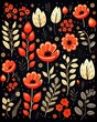 Natures play, flowers and ladybugs, playful vector pattern, flat, solid backdrop ,  high resolution