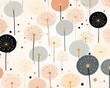 Stylized dandelions, pastel dots, modern flora pattern, flat vector, solid bg ,  cute hand drawn