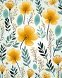 Sunshine blossoms, teal leaves, seamless floral, flat vector, solid bg ,  cute hand drawn