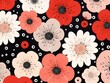 Whimsical flowers, dotted circles, endless print, flat graphic, solid bg ,  seamless pattern