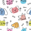 Vector pattern from a collection of cats and dogs' faces, hand-drawn in the style of doodles