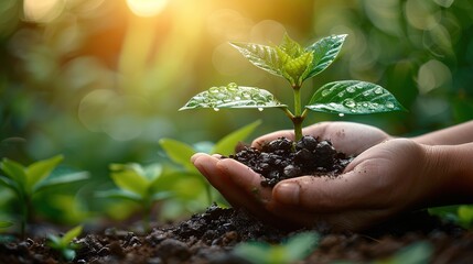 Tiny sprout of a new life in a nurturing hand