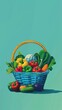 Healthy fruits and vegetables on dark green background with copy space. Nutritious eating.