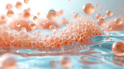 Pink and orange bubbles float on the surface of a blue liquid.