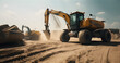 The demanding and strenuous work at a construction site, as a powerful excavator fills a large industrial truck with sand.