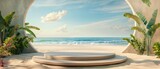 Fototapeta Sypialnia - Podium mockup, sky sea background, 3d render, 