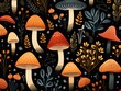 Critters among leaves, playful mushroom pattern, flat design, solid backdrop ,  seamless pattern