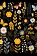 Dainty flowers, friendly insects, nonstop pattern, flat color, solid background ,  cute hand drawn