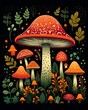 Forest fauna, whimsical mushrooms, repeating design, flat graphic, solid color ,  high resolution