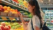 Woman choosing fruits in supermarket. Fresh produce selection. Healthy lifestyle and diet choices.