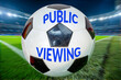 Public Viewing beim Fußball: Nahaufnahme von einem Fußball mit der Aufschrift PUBLIC VIEWING vor dem Hintergrund einer großen Fußballarena (Composing)