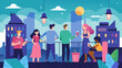 A panoramic view of the city from the rooftop with s of young adults tered around enjoying the festivities and each others company.. Vector illustration