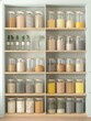 Neatly arranged pantry with clear glass jars on wooden shelves, filled with various dry foods, showcasing an efficient and aesthetic home organization and food storage solution