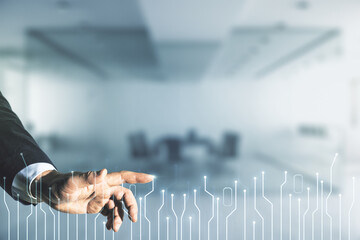 Wall Mural - man hand presses on abstract virtual microscheme illustration on blurred office background. big data