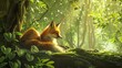 Illustrate a serene moment of a sleek fox resting under a lush