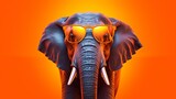 Fototapeta  - Elephant with sunglasses isolated on orange background. Close-up.