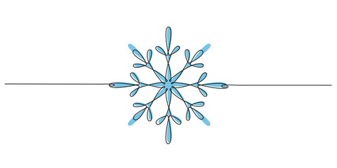 Wall Mural - Christmas winter snowflake - one single continuous line. Vector stock hand drawing illustration isolated on white background for design template winter decoration, greeting card. Editable stroke.