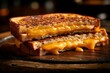 Close-up of a mouthwatering grilled cheese sandwich with gooey melted cheddar on a rustic wooden board backdrop