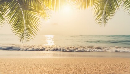 Poster - Coastal Calmness: Blurred Palm Leaf on Beach with Sunlight Flares