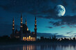 Serene mosque by the water at night with a full moon, reflecting Islamic culture and Ramadan Kareem. Generative AI