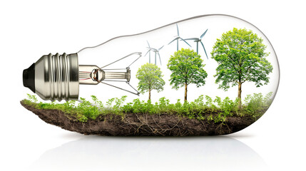 Wall Mural - Renewable energy concept with a lightbulb containing a vibrant ecosystem and wind turbines. Clean energy and sustainable environment idea.