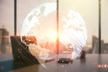 Wall Mural - multi exposure of abstract creative digital world map and modern desktop with laptop on background, 