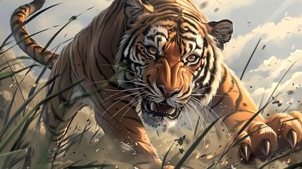  A tiger is running through a tall grass field.