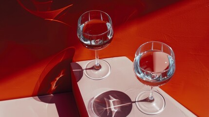 Wall Mural -   Two wine glasses placed on a white table, nestled together
