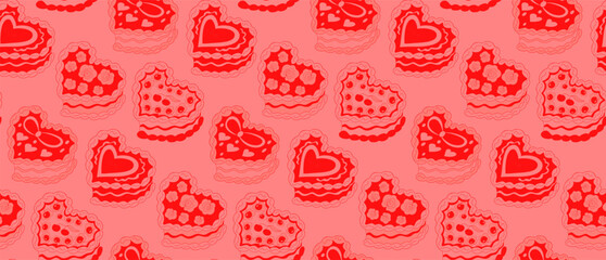 Wall Mural - Cute seamless pattern with heart shaped cake. Cakes print coquette. A sweet dessert in the style of y2k. Vector illustration