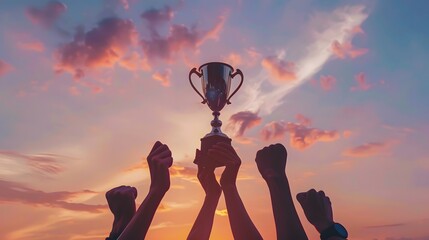 Victorious team triumphs under sunset with trophy and numerous silhouetted hands