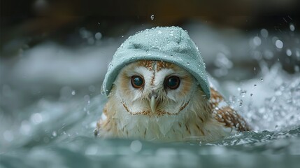   A tight shot of an owl by the water, donned with a towel atop its head and a hat perched on top