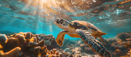 Wall Mural - Turtle swimming in the sea, surrounded by corals and sunlight filtering through the water. Created with Ai 