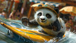   A panda atop a surfboard in a water scene, surrounded by an assemblage of onlookers