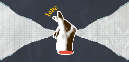 Collage halftone hand with gesture of finger up. Cutout lightning shape, hand-drawn doodle element and heart reaction. Vintage vector concept of approval. Isolated torn notebook paper. 