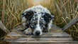 A Border Collie with a merle coat rests on a wooden pathway surrounded by tall grass its eyes reflecting a peaceful inquisitiveness