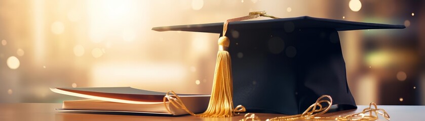 A black graduation cap and a book on a wooden table