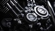 Closeup of modern motorcycle engine block on dark background. AI generated image