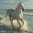 3d rendered photos of A white wild horse galloping on the beach close up shot made with generative AI
