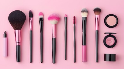 beauty set collection make up equipment isolated pink background. ai generated