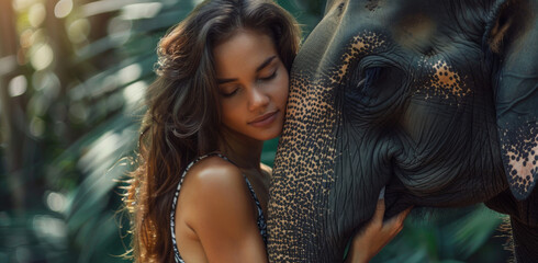 Wall Mural - A beautiful woman kissing an elephant, she has long hair and is wearing leopard print