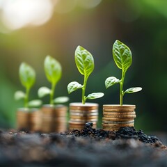 Wall Mural - Green Shoots Growing from Stacks of Coins Visualizing Nurturing Finance Concepts