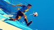 Abstract soccer player in action on geometric blue background