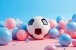 Soccer ball amidst pink and blue balloons on pastel background